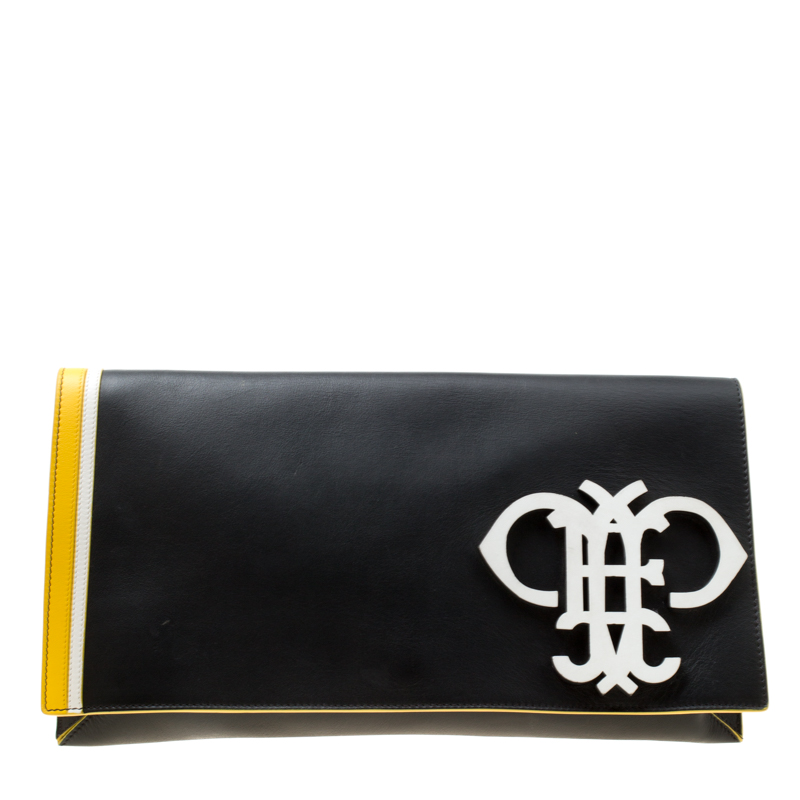 Pre Owned Emilio Pucci Black Leather Oversize Logo Clutch