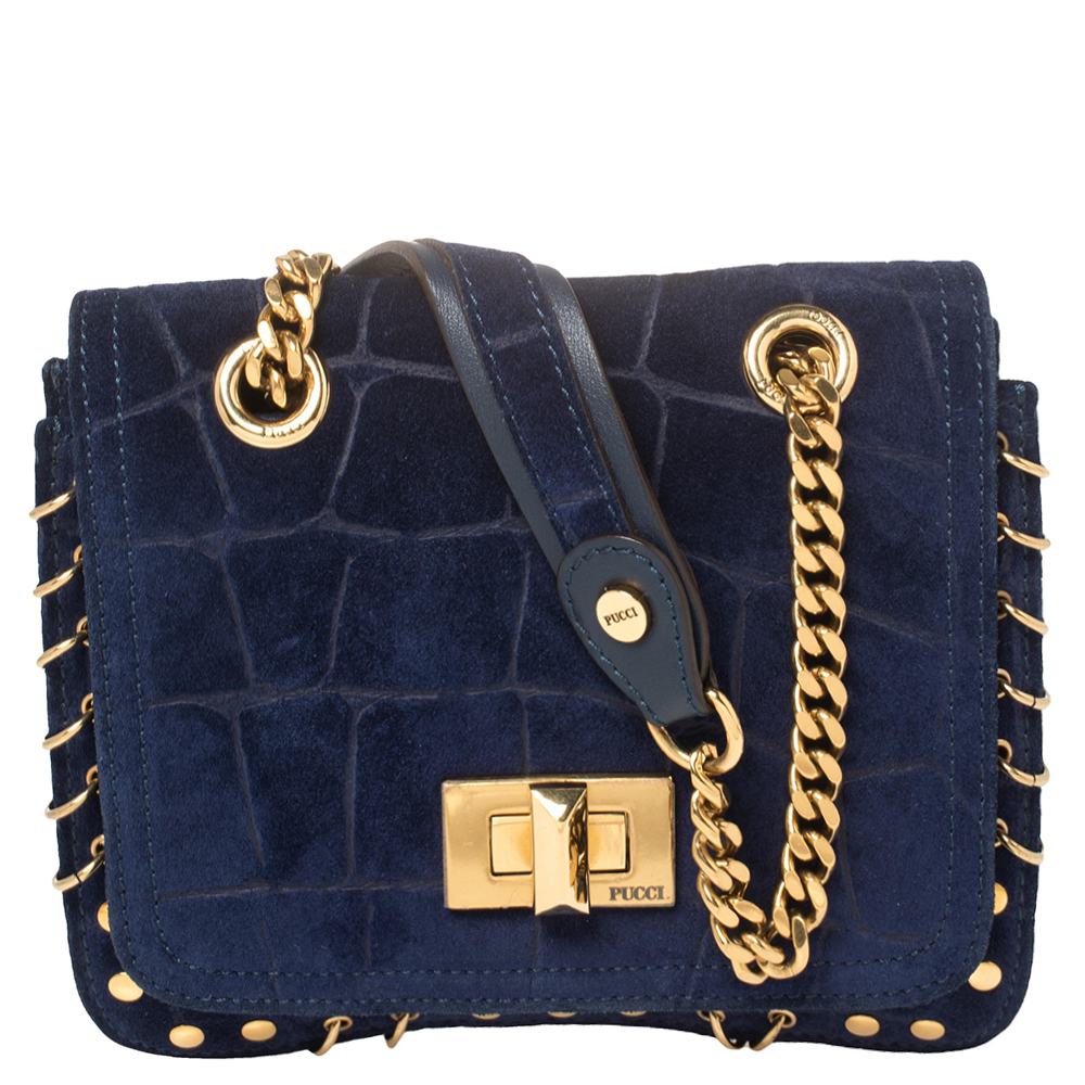 Pre-owned Emilio Pucci Royal Blue Suede Small Marquise Shoulder Bag