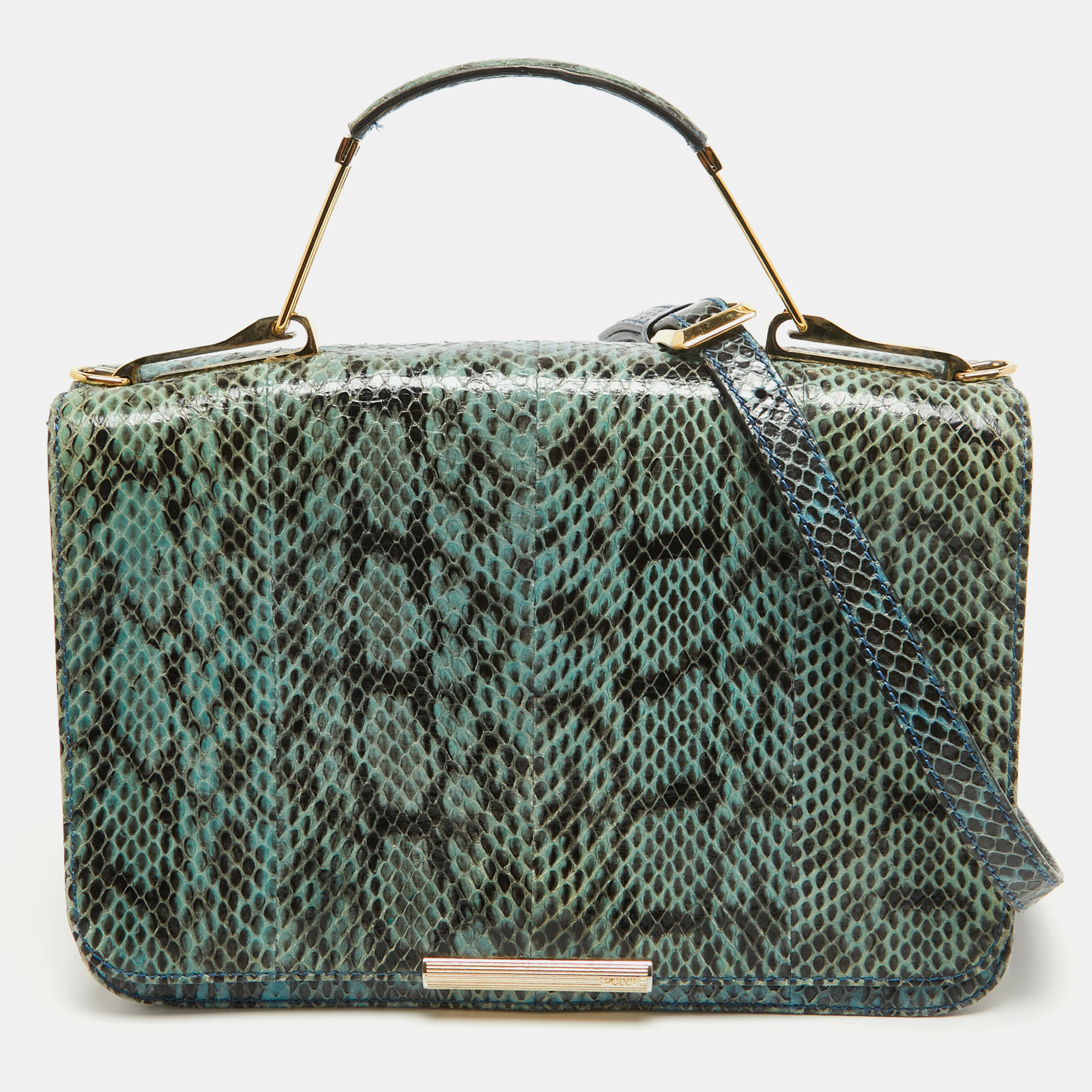 Pre-owned Emilio Pucci Blue/cream Python And Canvas Flap Top Handle Bag