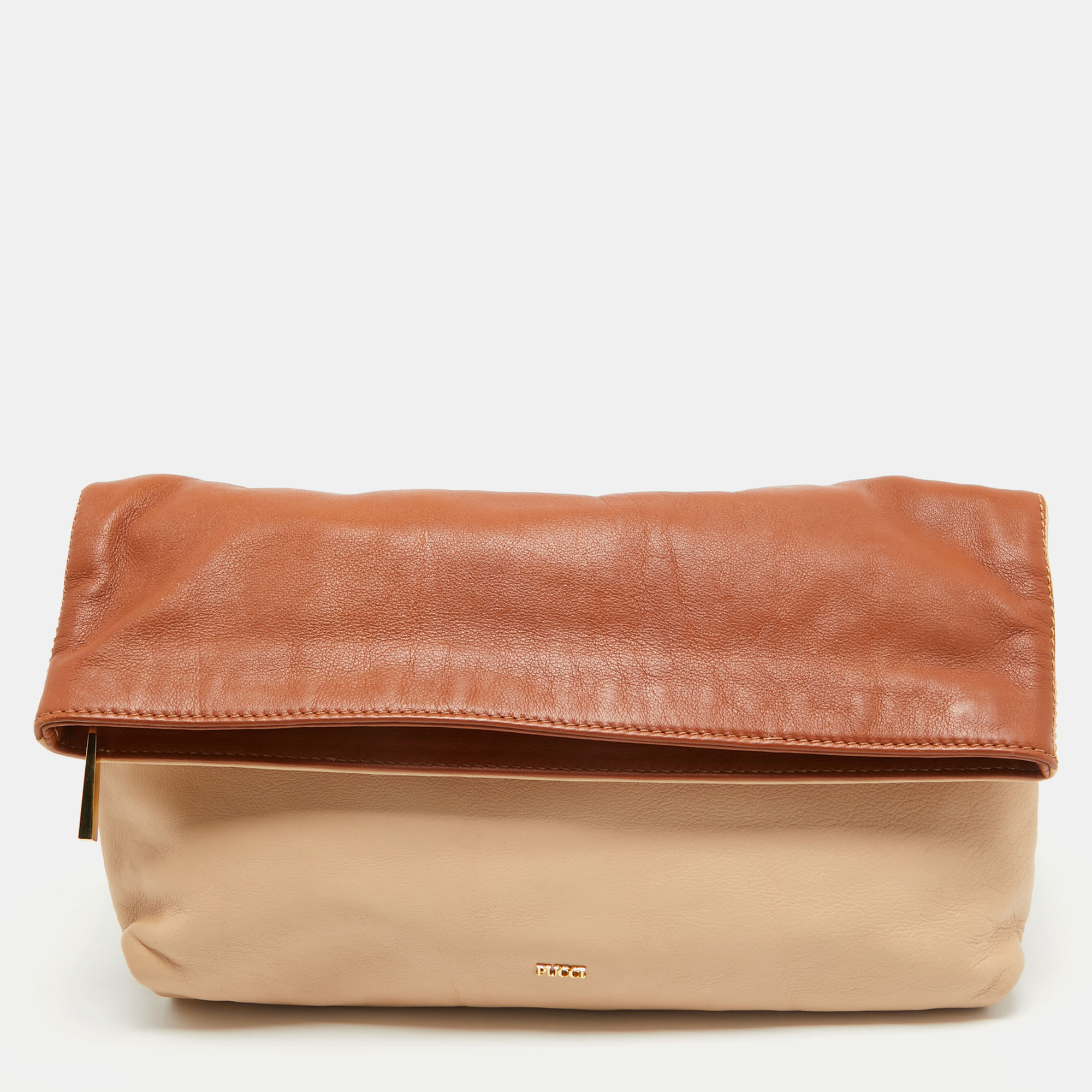 Pre-owned Emilio Pucci Brown/beige Leather Fold Over Clutch