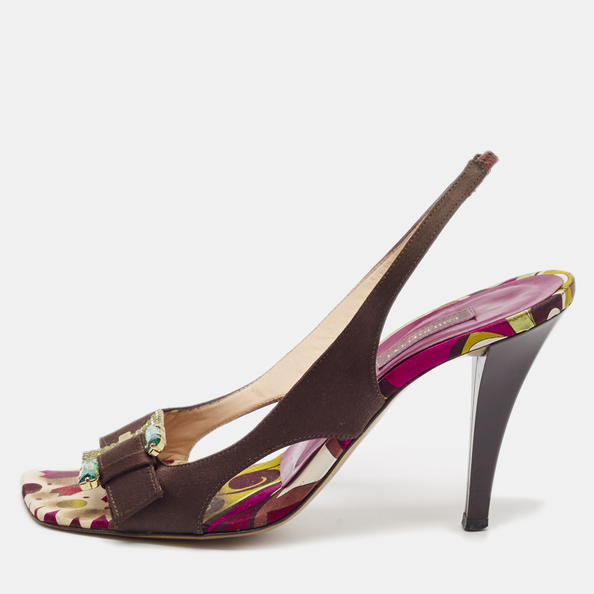 

Emilio Pucci Dark Brown Satin Buckle Detail Slingback Sandals Size