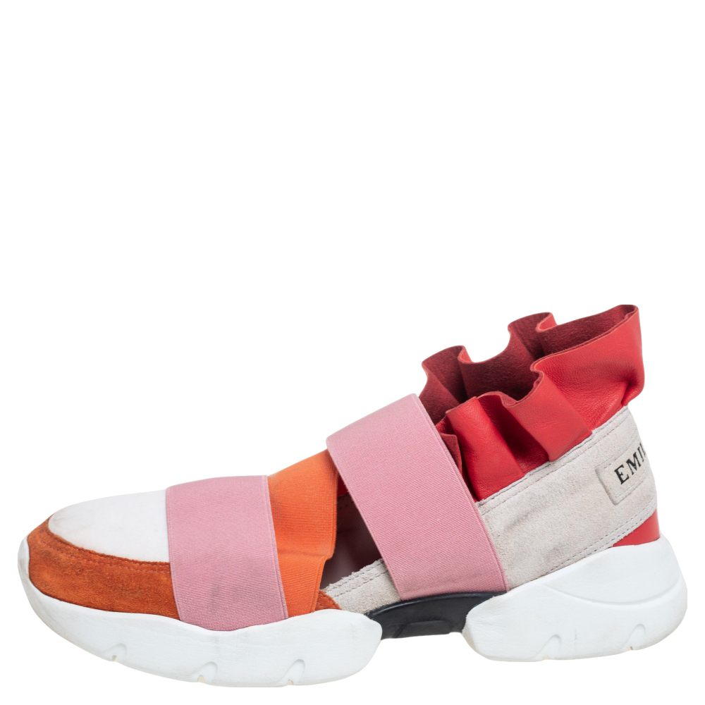 

Emilio Pucci Multicolor Leather, Suede And Fabric City Up Ruffle Sneakers Size