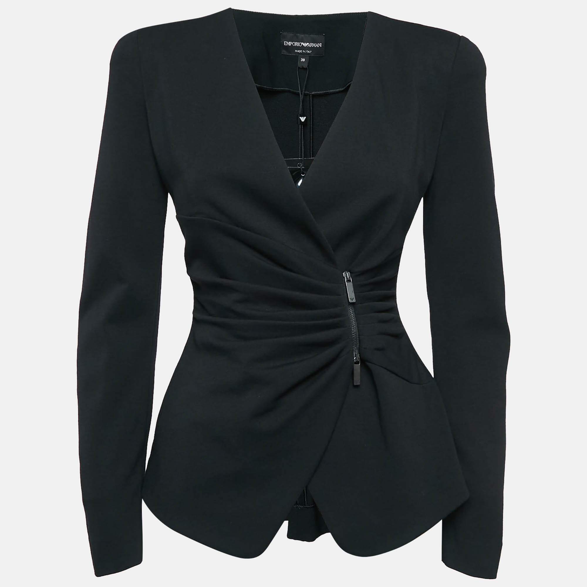 

Emporio Armani Black Jersey Pleated Zip-Up Blazer S