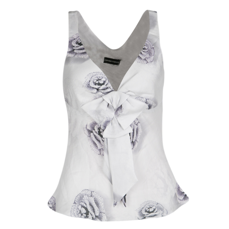 Pre Owned Emporio Armani Grey Rose Print Bow Detail Sleeveless Silk Top S