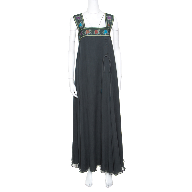 Emporio Armani Olive Green Silk Elephant Motif Detail Sleeveless Maxi Dress M