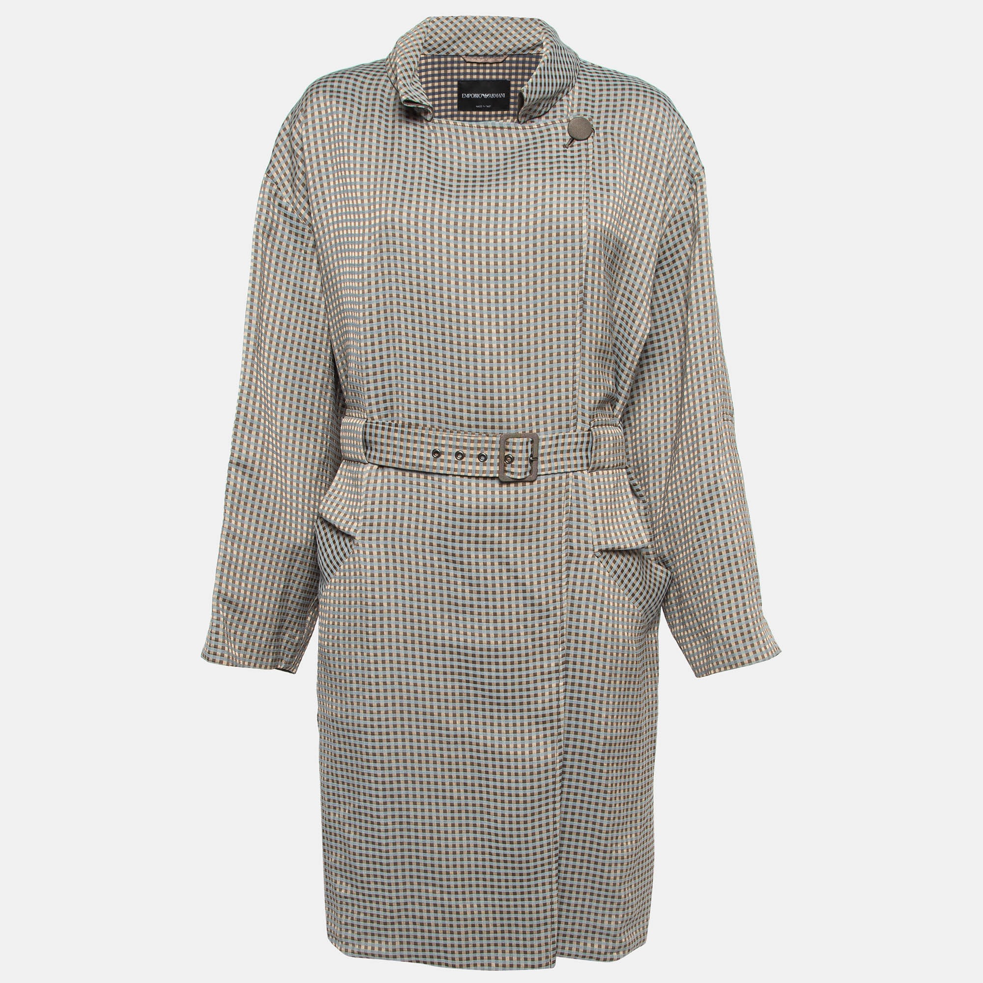 Pre-owned Emporio Armani Grey Checked Jacquard Belted Trench Coat L