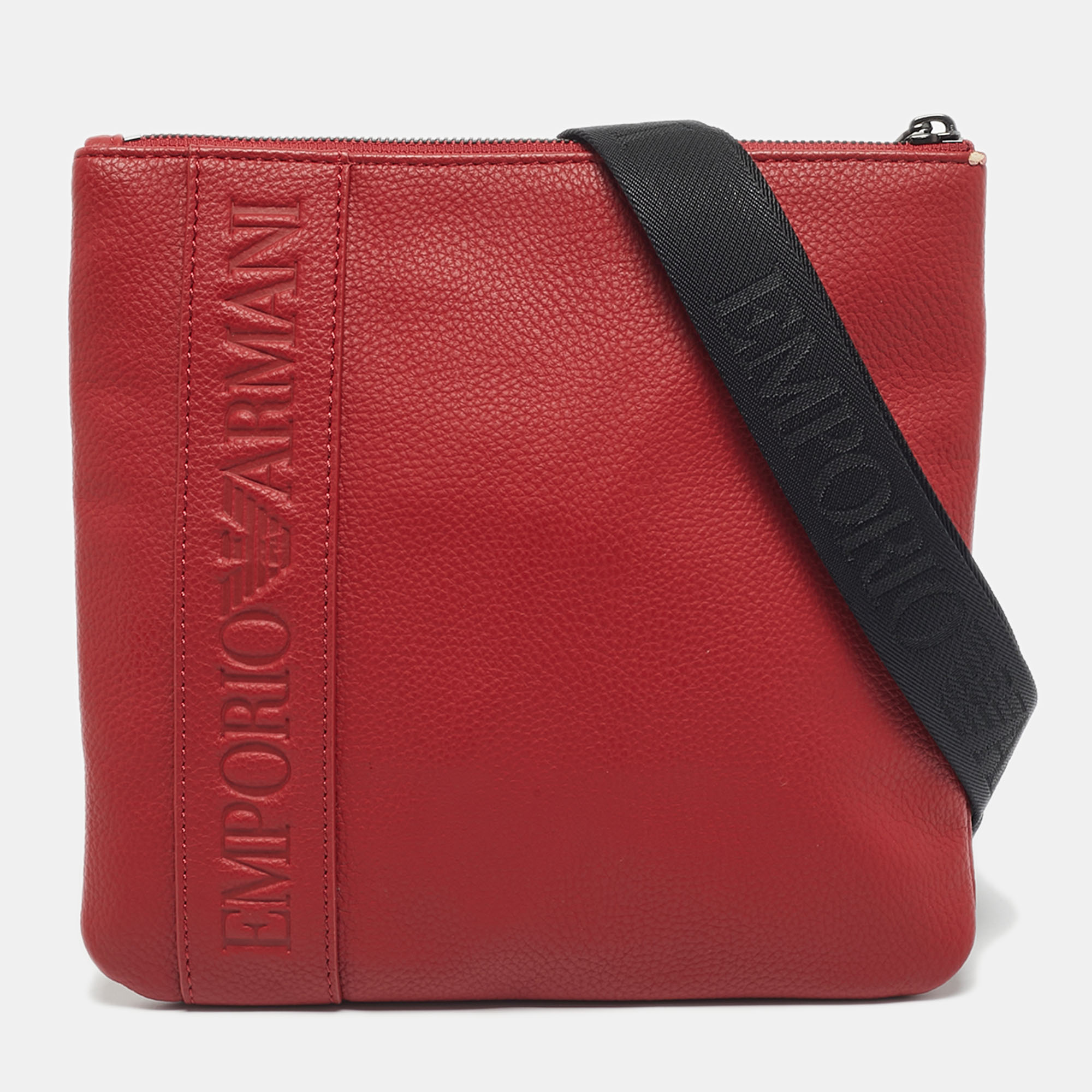 Pre-owned Emporio Armani Red/black Leather Logo Embossed Flat Messenger Bag
