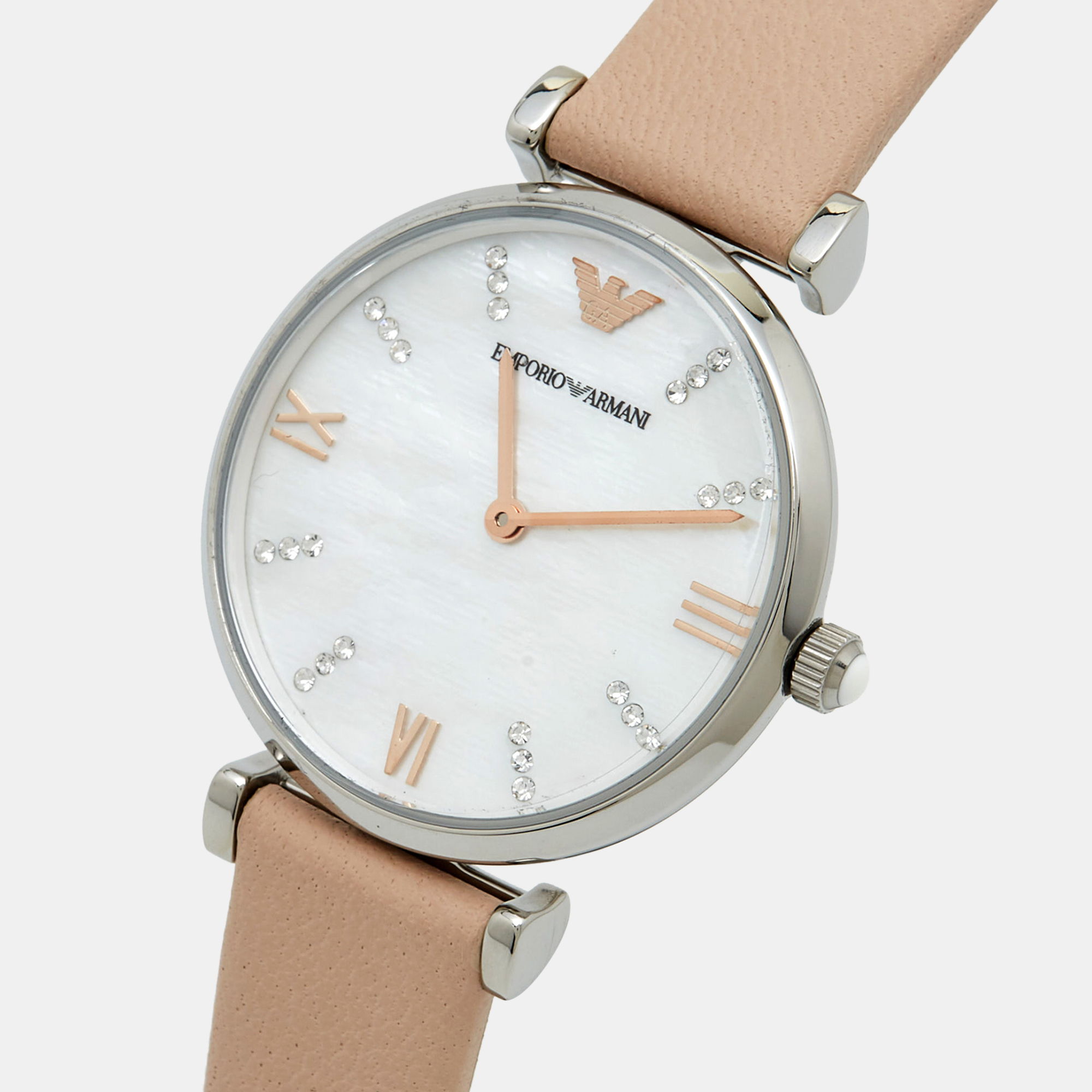 Emporio Armani Mother of Pearl Stainless Steel Leather AR8039 Women`s Wristwatch and Bracelet Set 32 mm 
