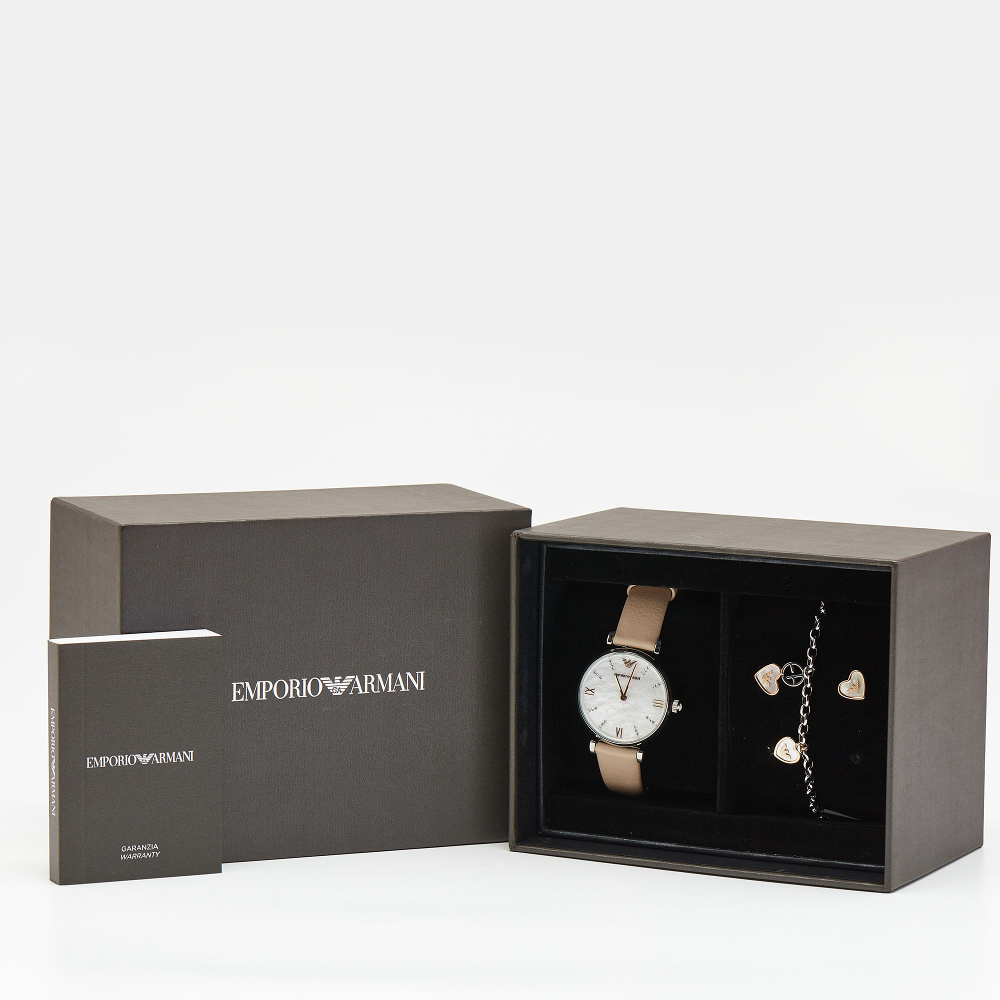 Emporio Armani Mother of Pearl Stainless Steel Leather AR8039 Women`s Wristwatch and Bracelet Set 32 mm 