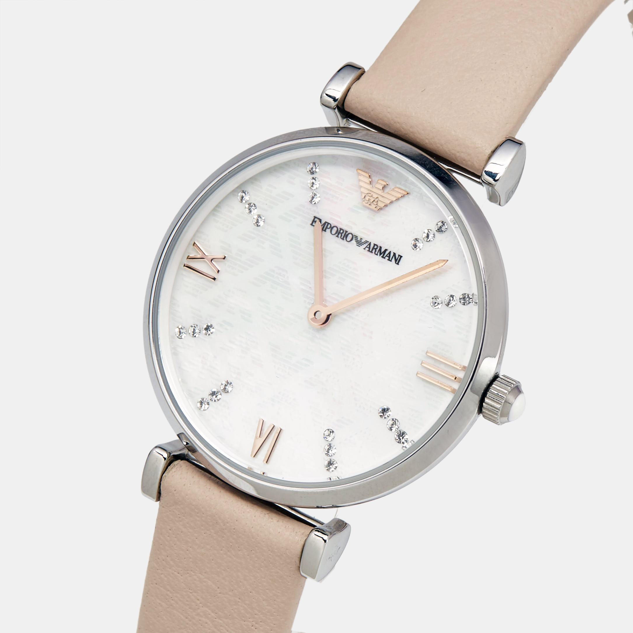 Emporio Armani Mother of Pearl Stainless Steel Leather AR8039 Women`s Wristwatch and Bracelet Set 32 mm 