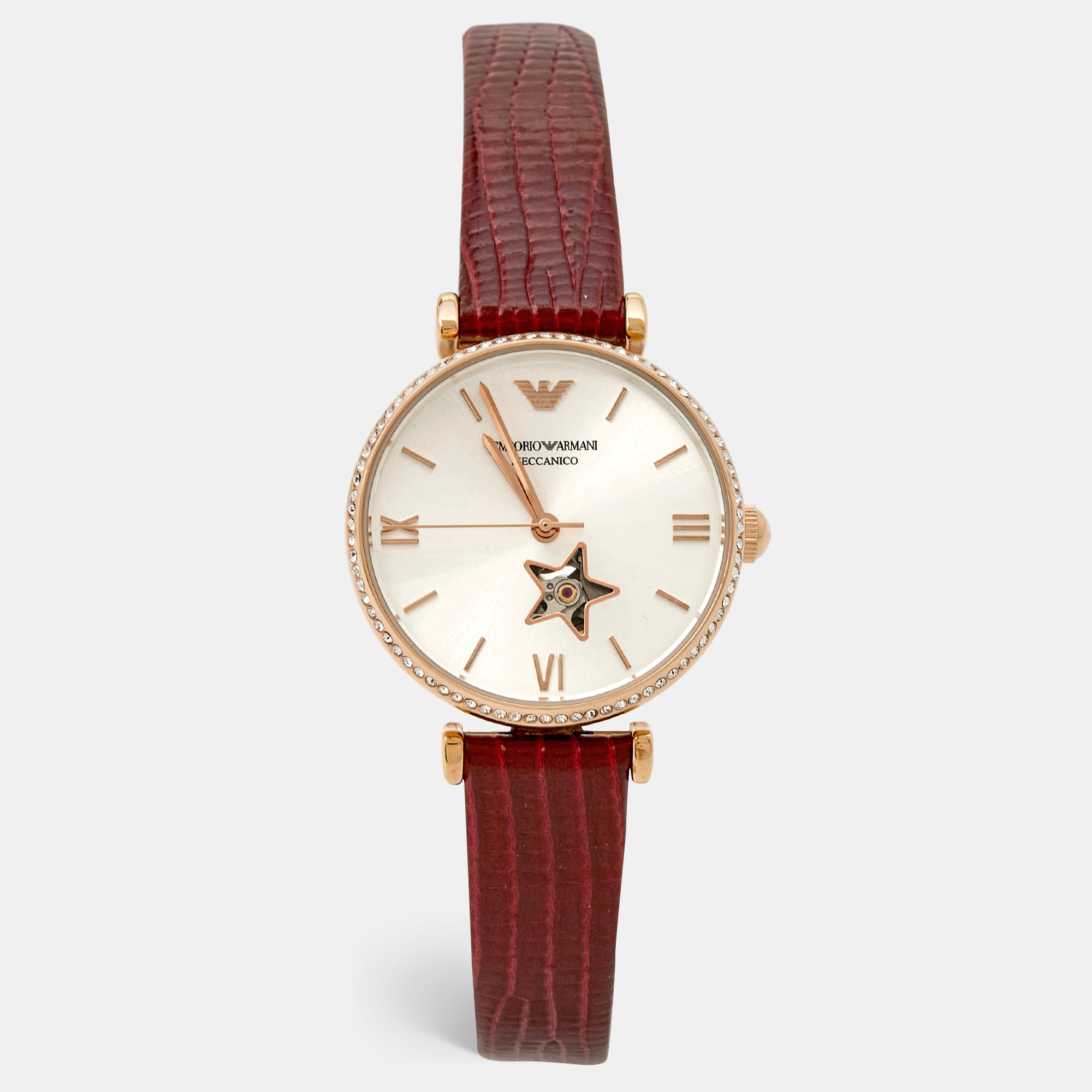 

Emporio Armani Silver Rose Gold Plated Stainless Steel Leather Meccanico AR60044 Women's Wristwatch