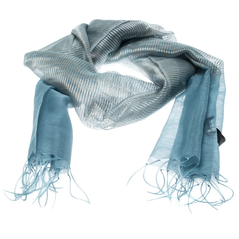 

Emporio Armani Blue Silk and Wool Organza Lurex Striped Tassel Detail Scarf