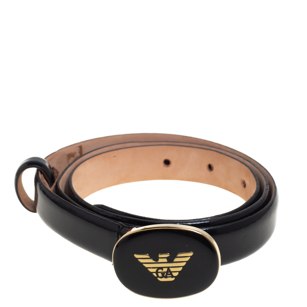 

Emporio Armani Black Glossy Leather Logo Buckle Slim Belt