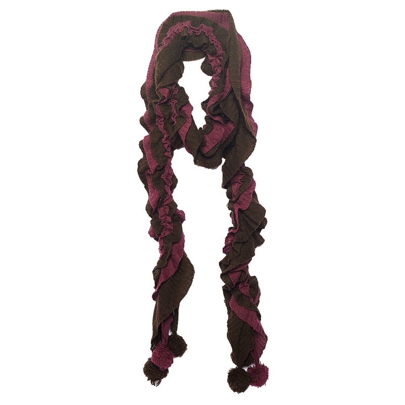 

Emporio Armani Brown & Magenta Ruffled Pom Pom Detail Wool Stole