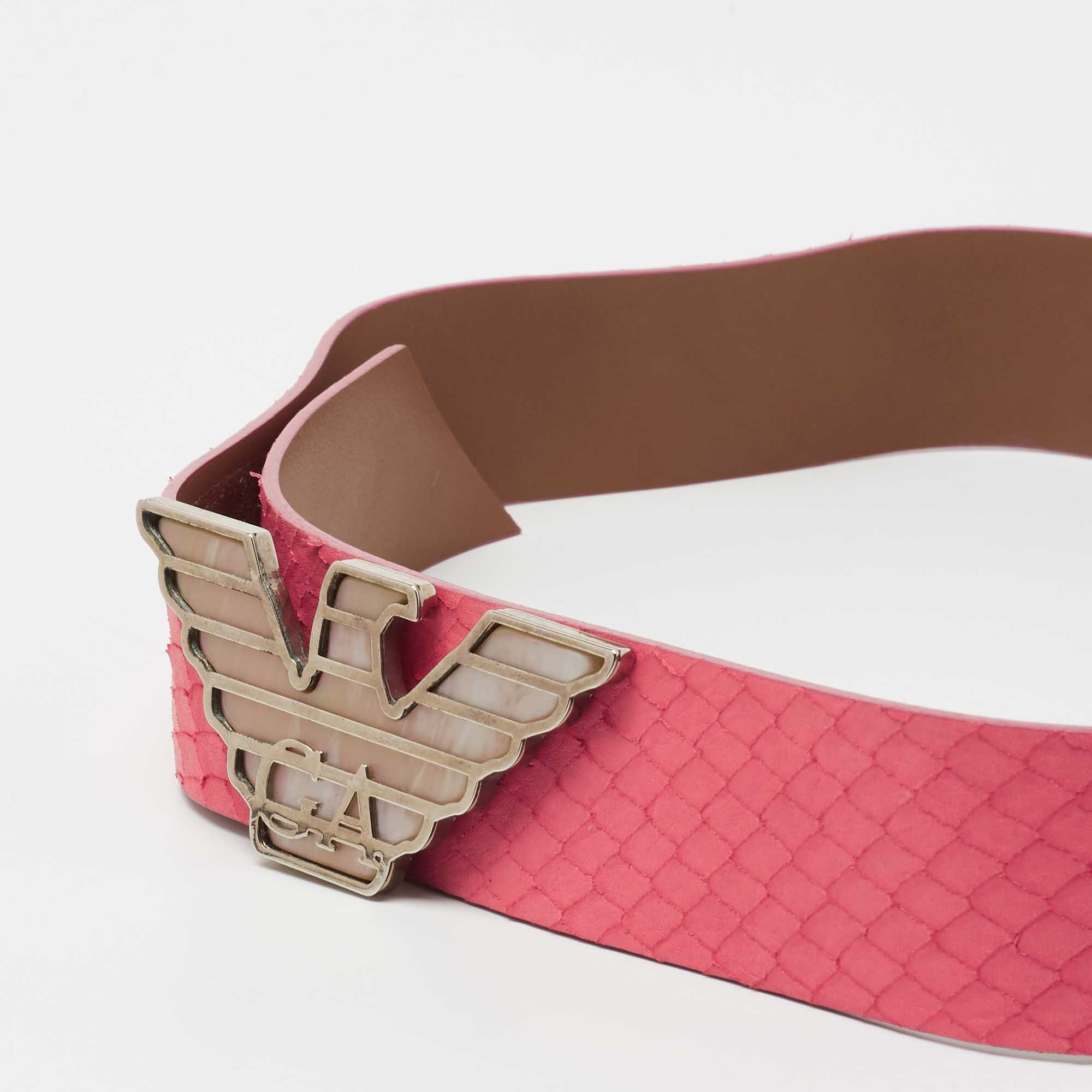 

Emporio Armani Pink Python Embossed Leather Eagle Buckle Belt