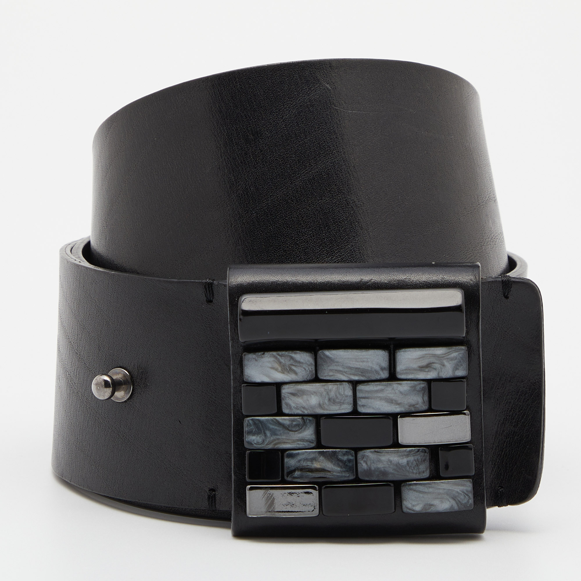Pre-owned Emporio Armani Black Leather Brick Buckle Wide Belt