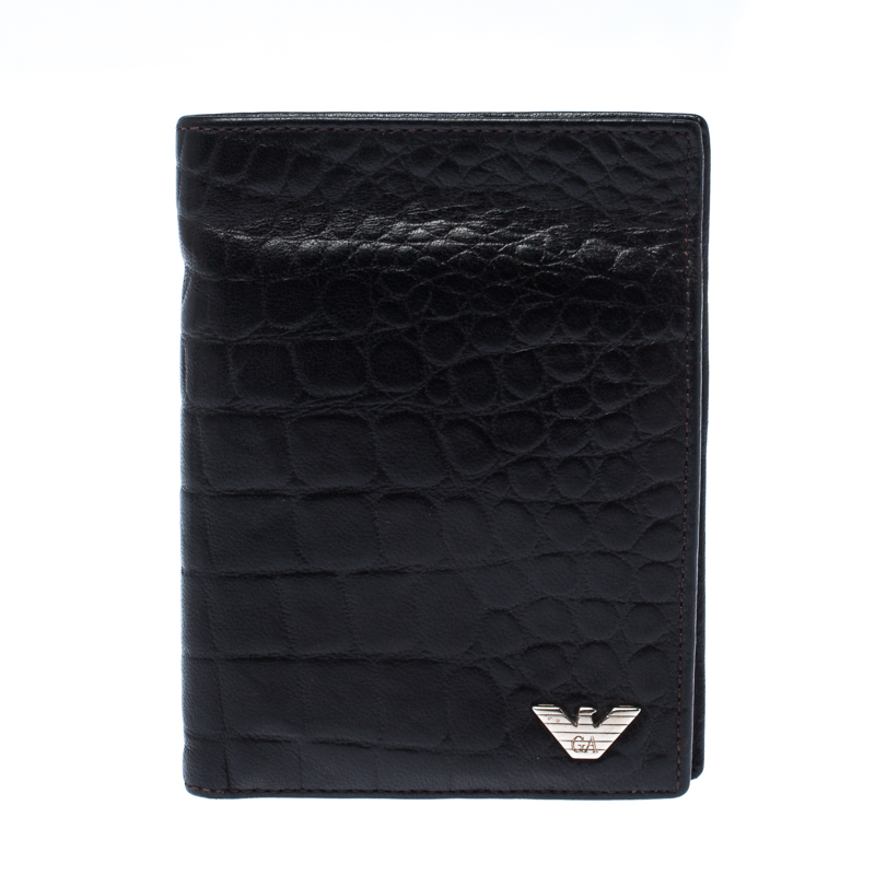 Pre Owned Emporio Armani Dark Brown Croc Embossed Leather Eagle Bi Fold Wallet