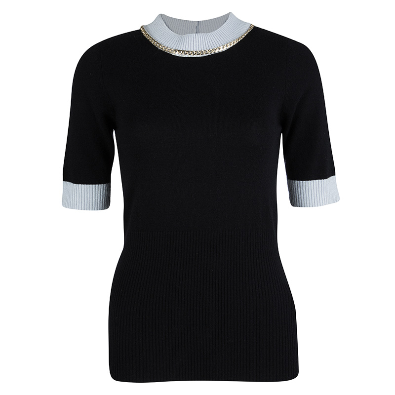 Pre Owned Emporio Armani Black Wool Contrast Ribbed Trim Neck Embellished Sweater M