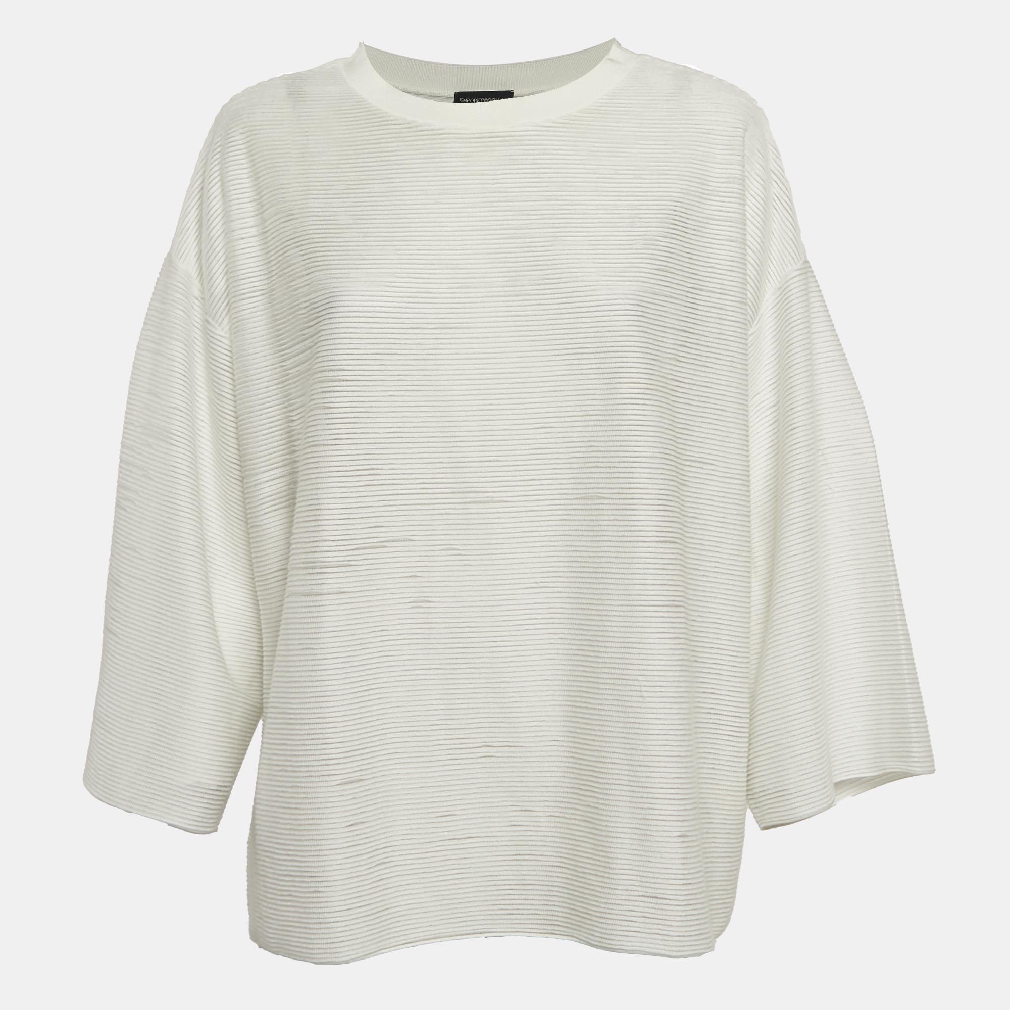 

Emporio Armani White Stripe Textured Stretch Knit T-Shirt M