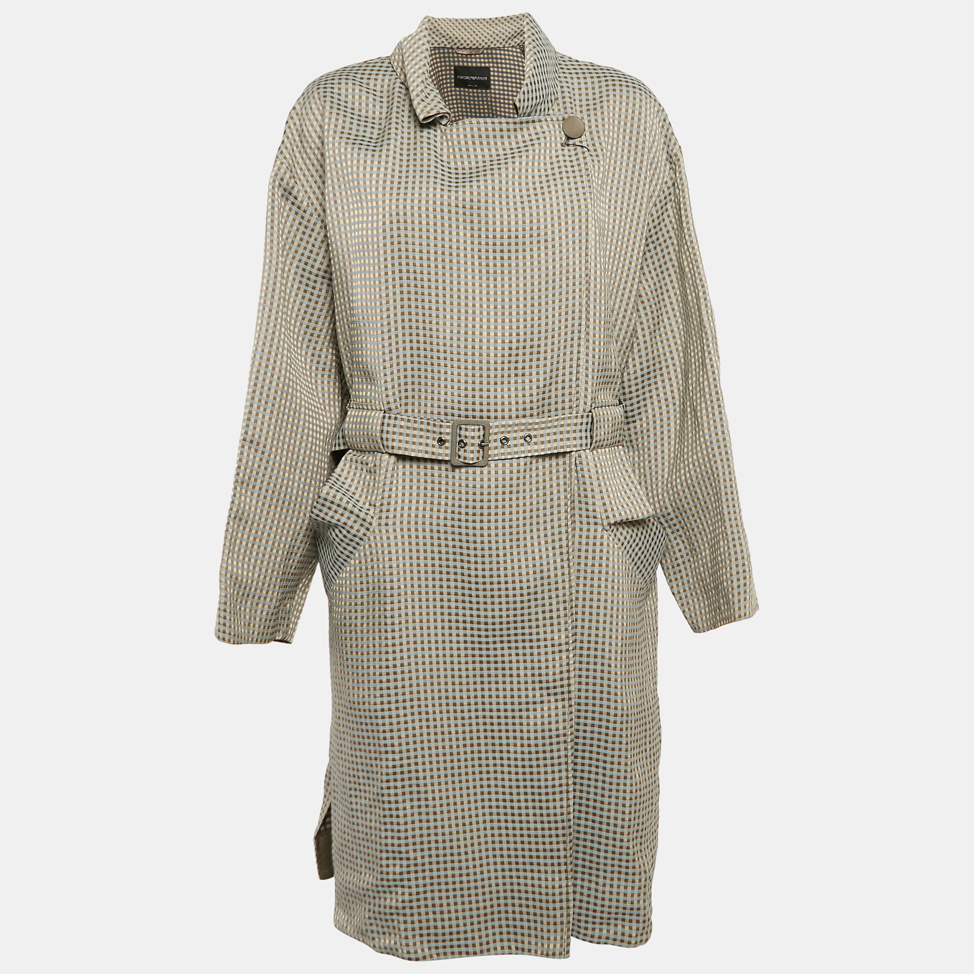 

Emporio Armani Beige Gingham Linen Blend Trench Coat L