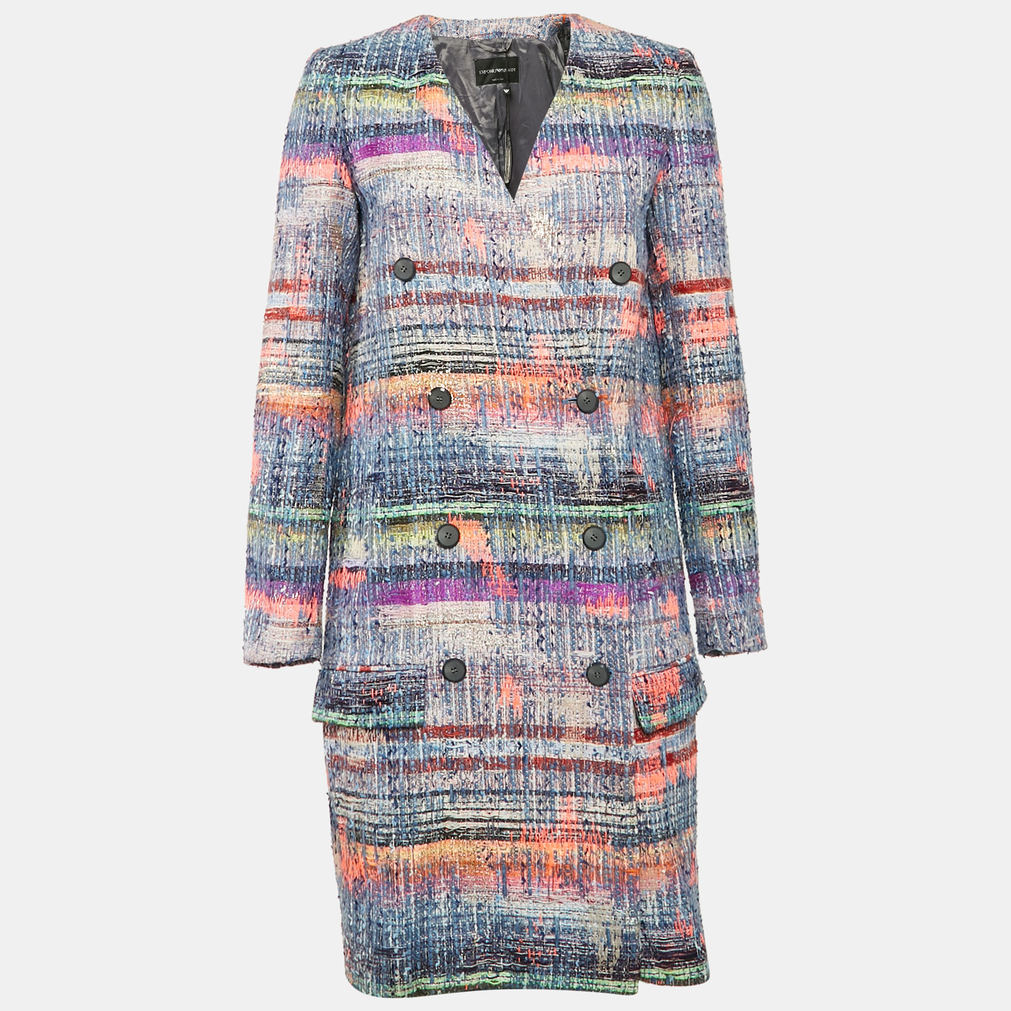 Pre-owned Emporio Armani Multicolor Lurex Tweed Double Breasted Mid-length Coat S