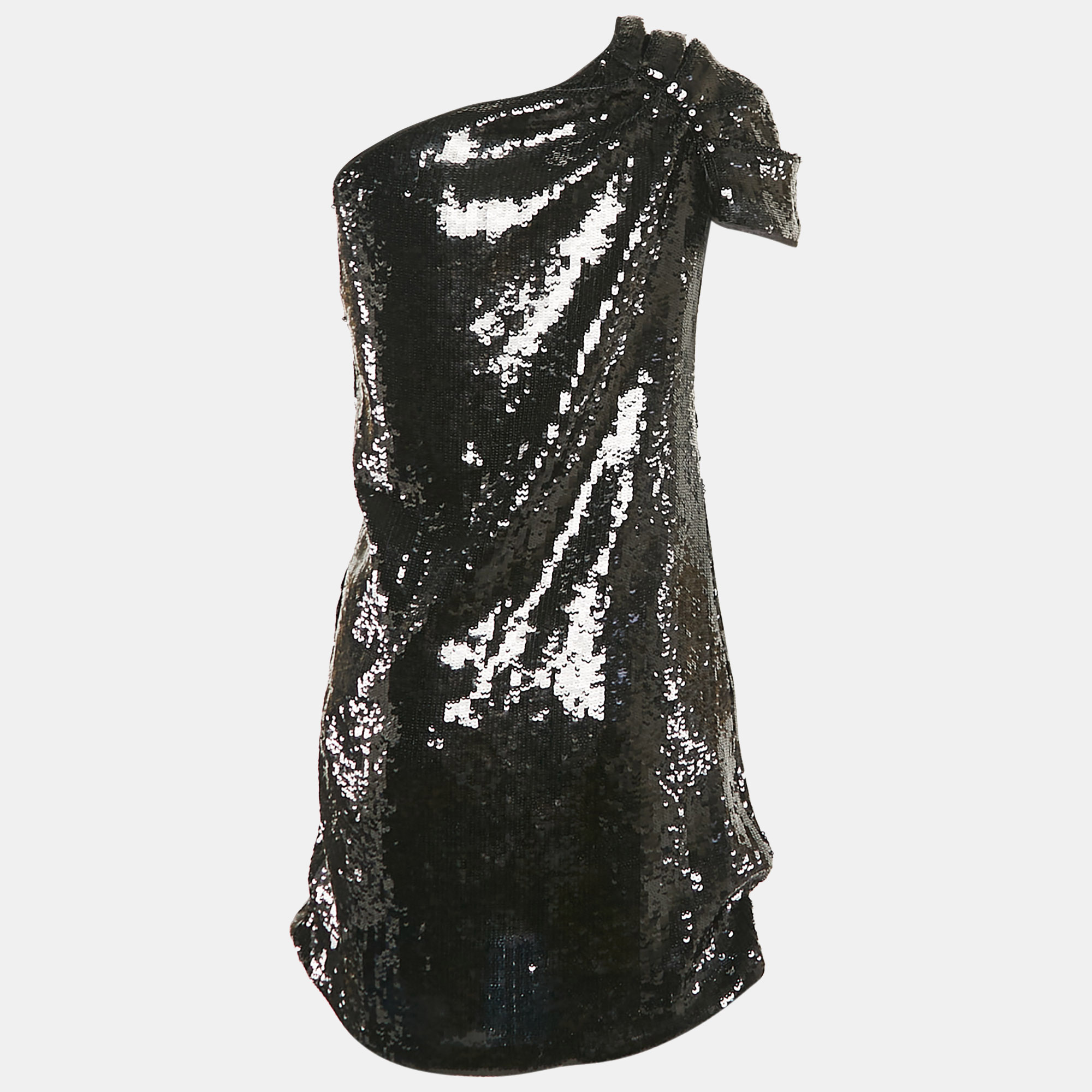 

Emporio Armani Black Sequined Mesh One-Shoulder Mini Dress M