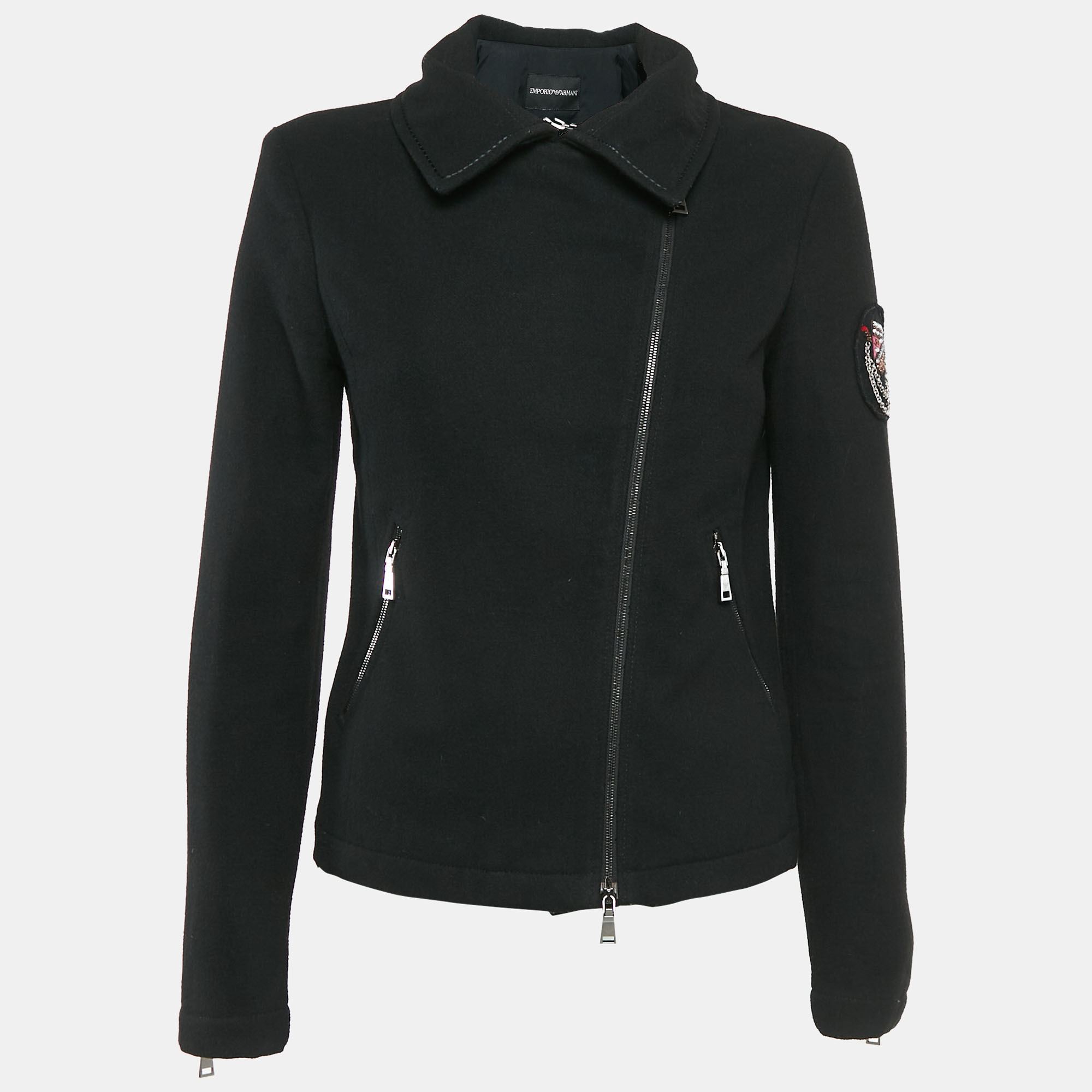 

Emporio Armani Black Embellished Wool Blend Zip-Up Jacket S