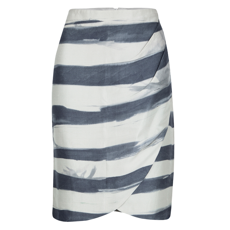 Emporio Armani Grey and Blue Striped Draped Silk Skirt L