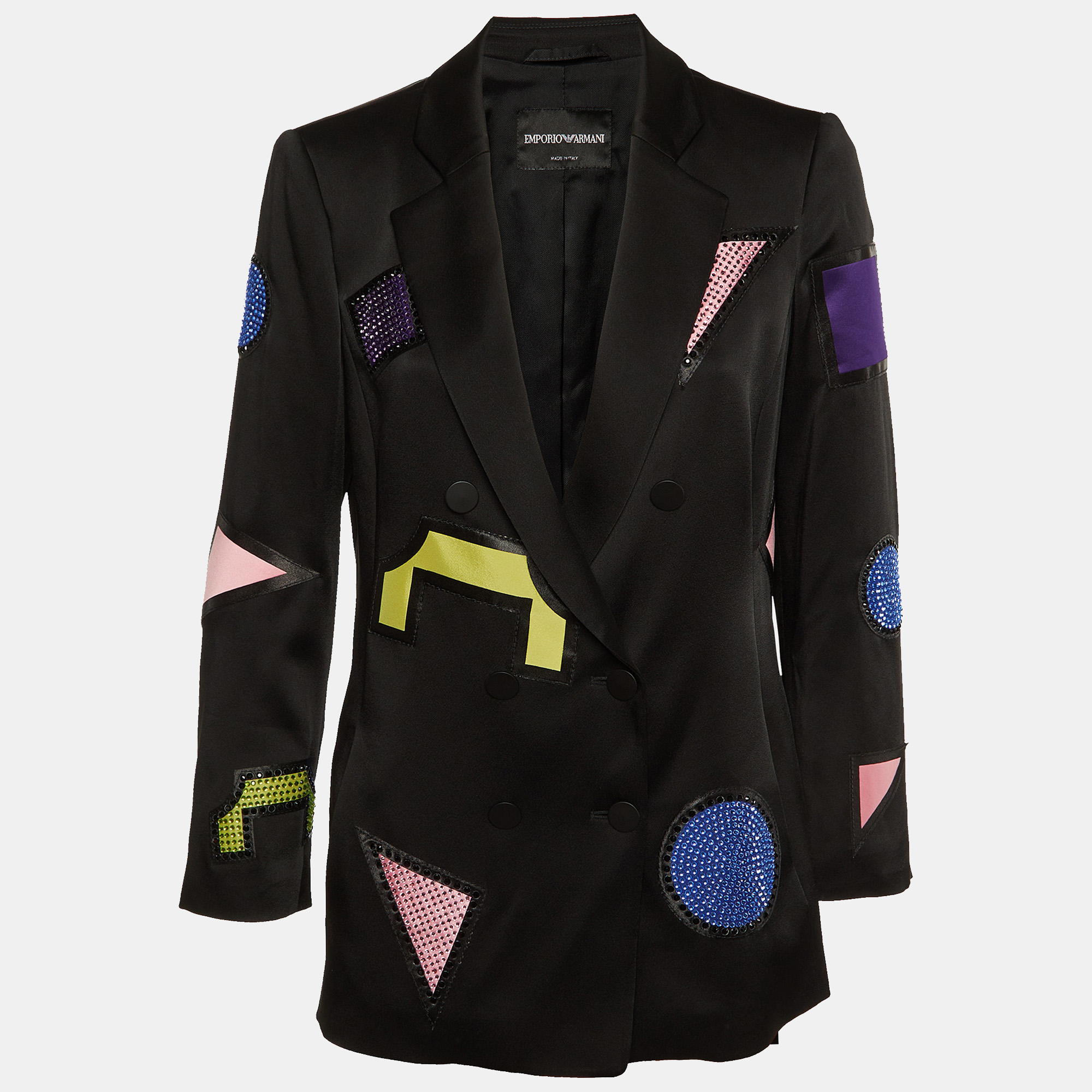 

Emporio Armani Black Satin Embellished Patch Detail Blazer M