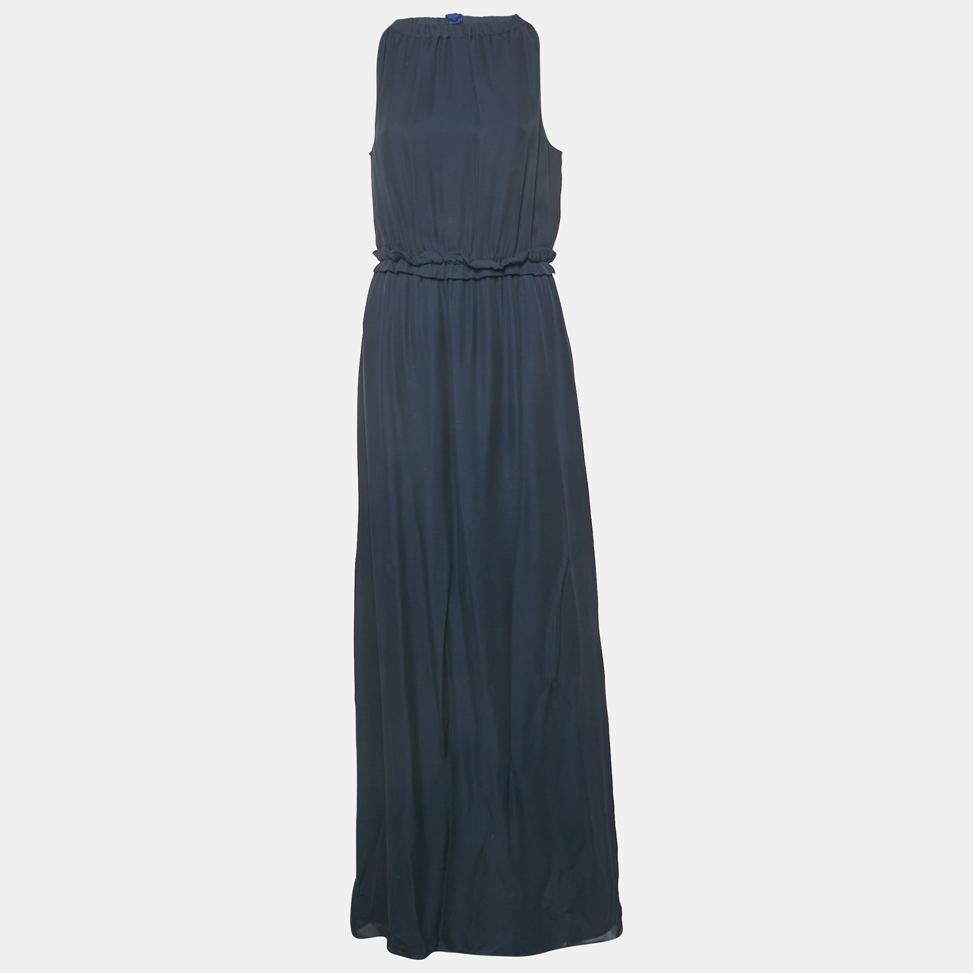 Pre-owned Emporio Armani Navy Blue Silk Waist Ruffle Trim Sleeveless Maxi Dress M