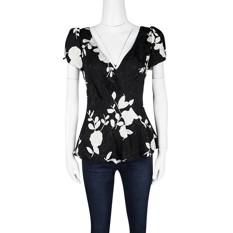 Pre Owned Emporio Armani Monochrome Floral Print Back Tie Detail Blouse M