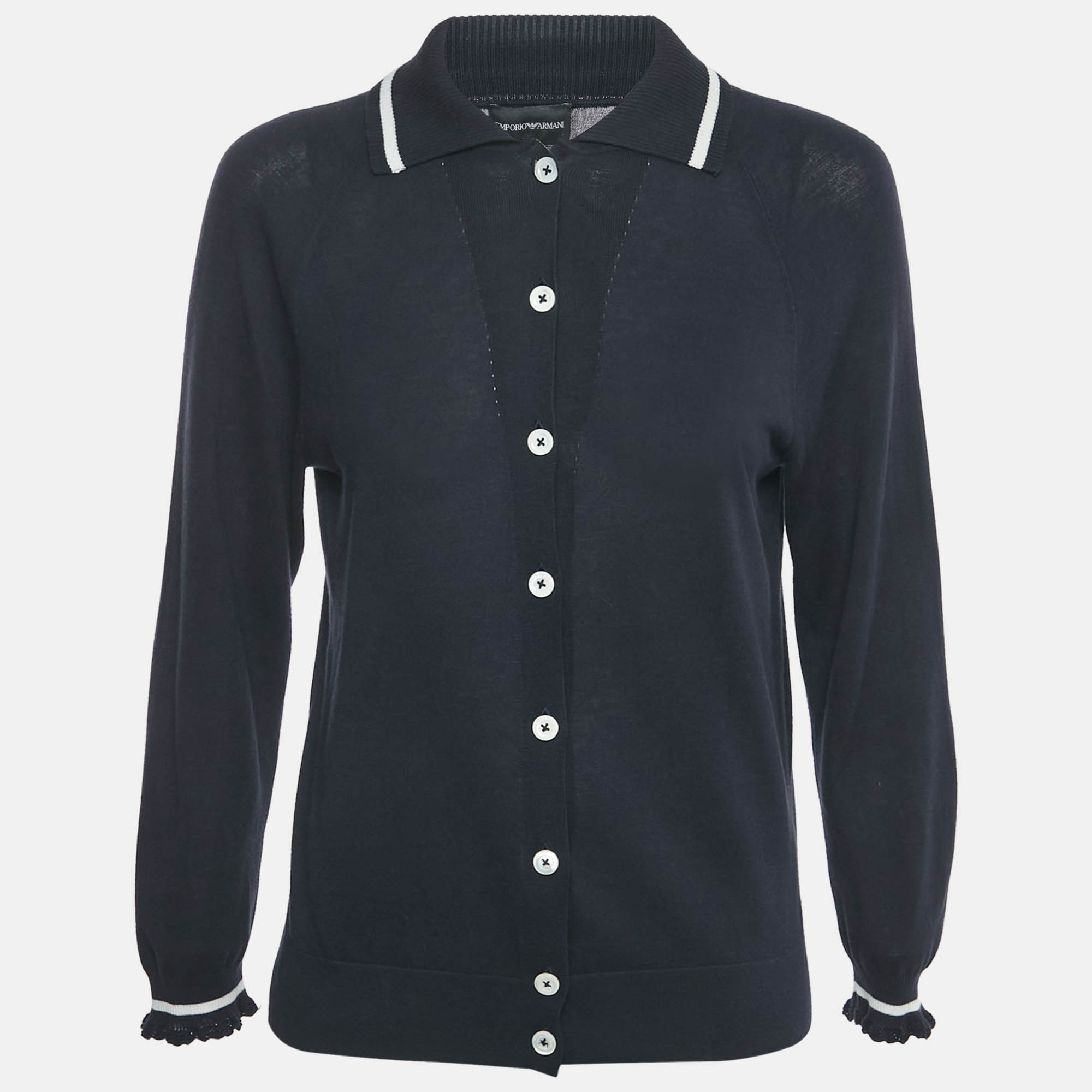 

Emporio Armani Navy Navy Cotton Knit Buttoned Top M, Navy blue