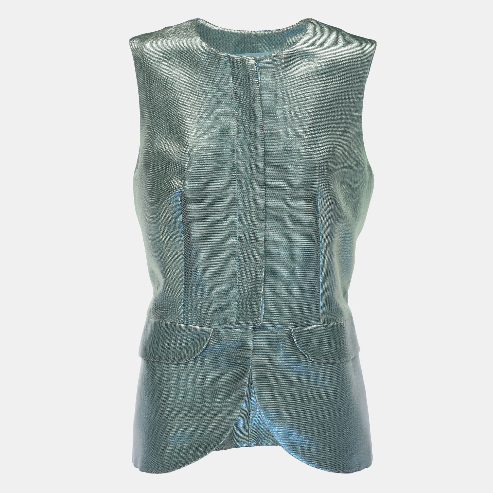 Pre-owned Emporio Armani Metallic Green Lurex Sleeveless Blazer L In Silver