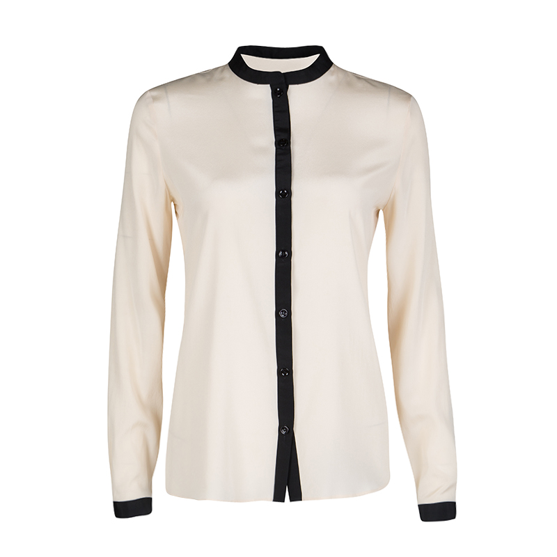 Pre Owned Emporio Armani Beige Contrast Trim Detail Long Sleeve Silk Blouse S