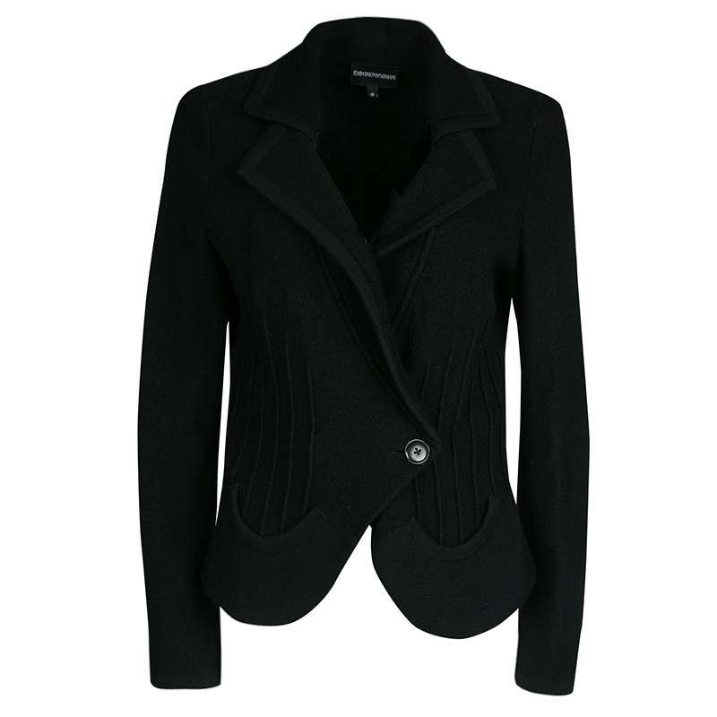 Pre Owned Emporio Armani Black Wool Ribbed Trim Jacket L