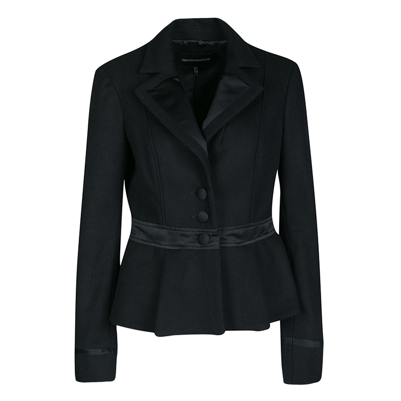 Pre Owned Emporio Armani Black Wool Satin Trim Button Front Short Coat M