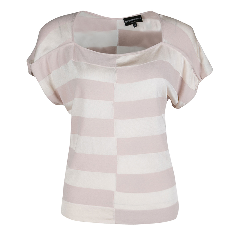 Pre Owned Emporio Armani Blush Pink and Cream Broken Block Striped Knit Top S