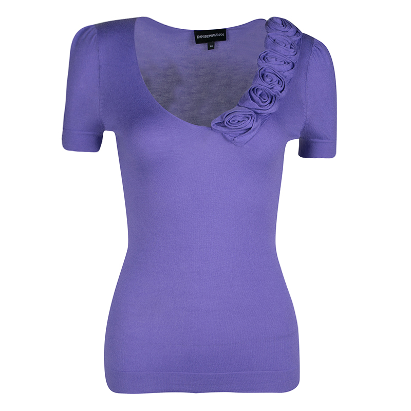 Pre Owned Emporio Armani Lavender Knit Rose Applique Detail Short Sleeve Fitted Top S