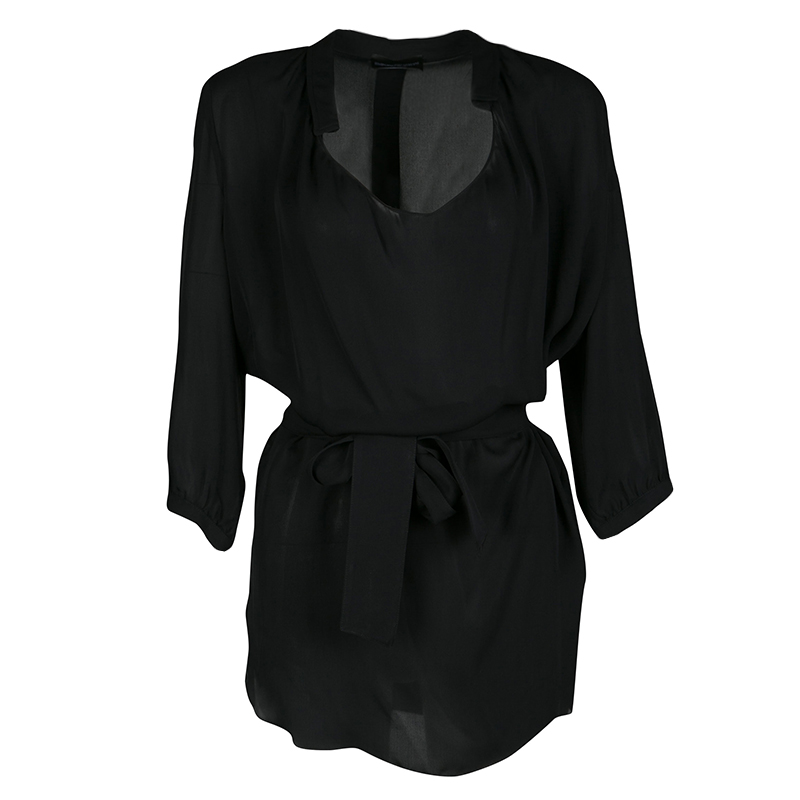 Pre Owned Emporio Armani Black Silk Draped Front Belted Blouse S