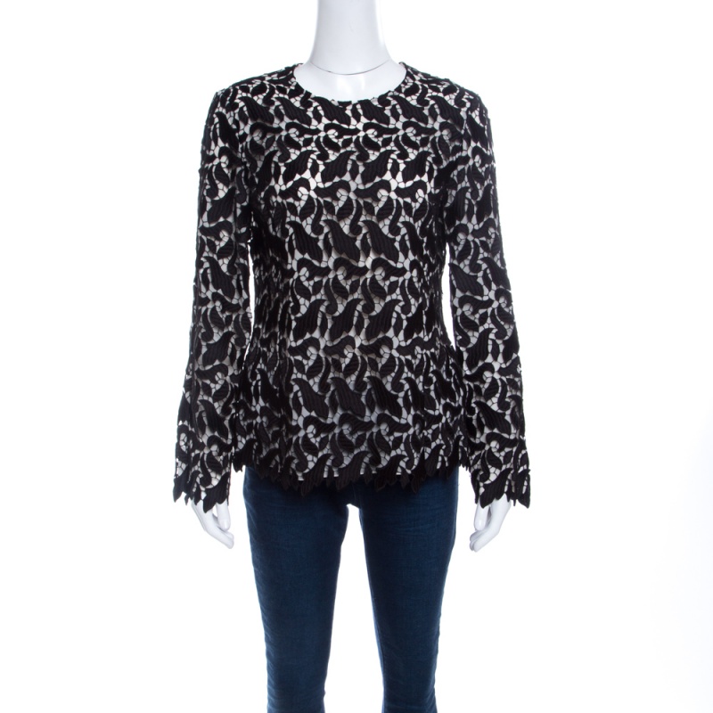 Pre Owned Emporio Armani Black Guipure Lace Long Sleeve Blouse M