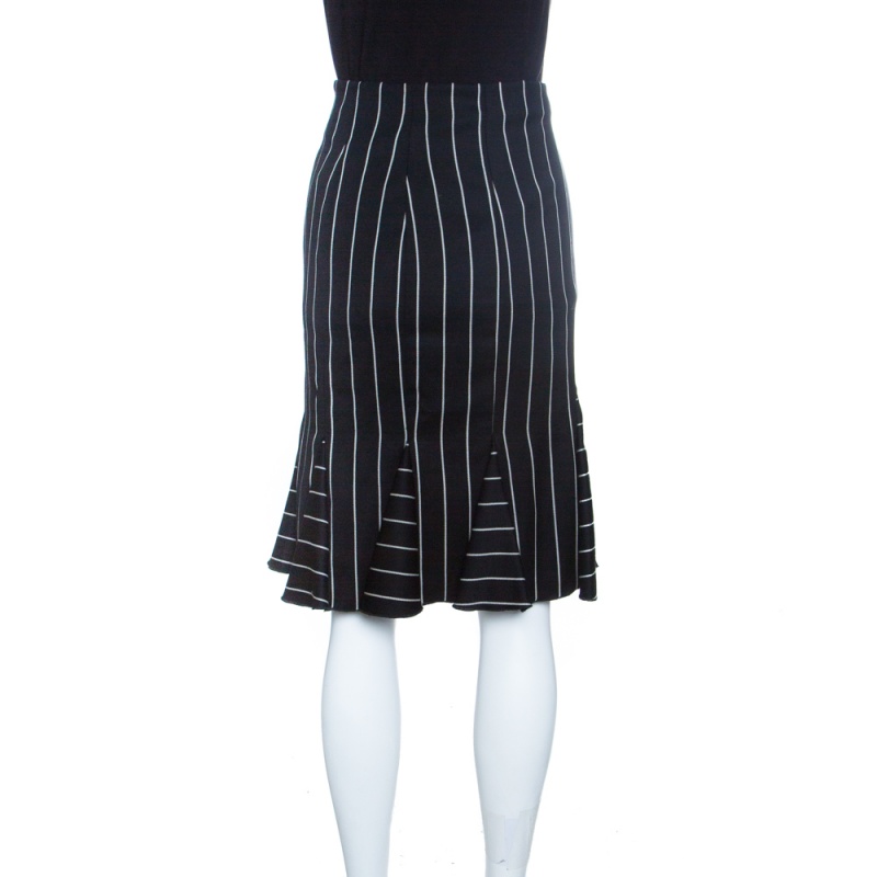 Emporio Armani Striped Monochrome Wool Godet Skirt M