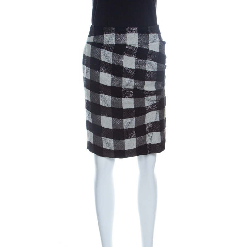 

Emporio Armani Monochrome Checkered Lurex Knit Pencil Skirt S, Black