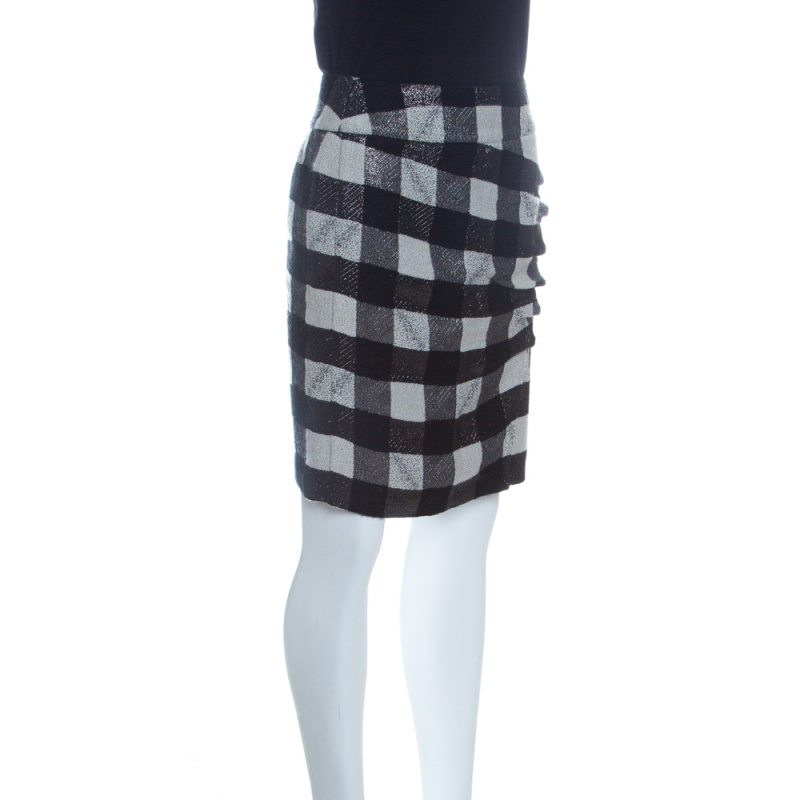 Pre-owned Emporio Armani Monochrome Checkered Lurex Knit Pencil Skirt S In Black