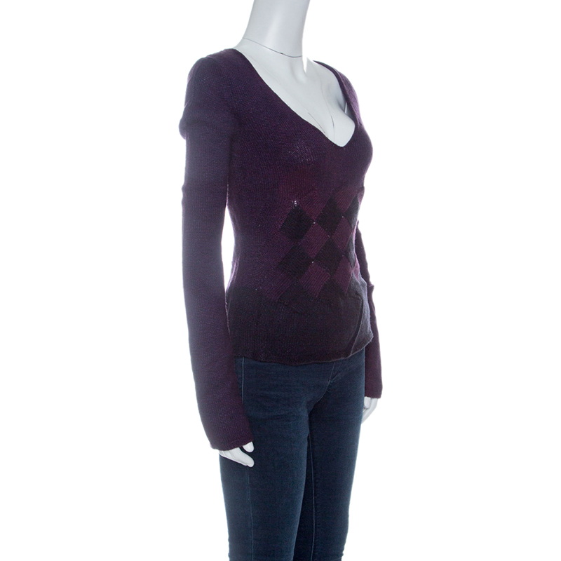 

Emporio Armani Purple Diamond Pattern Long Sleeve V Neck Sweater