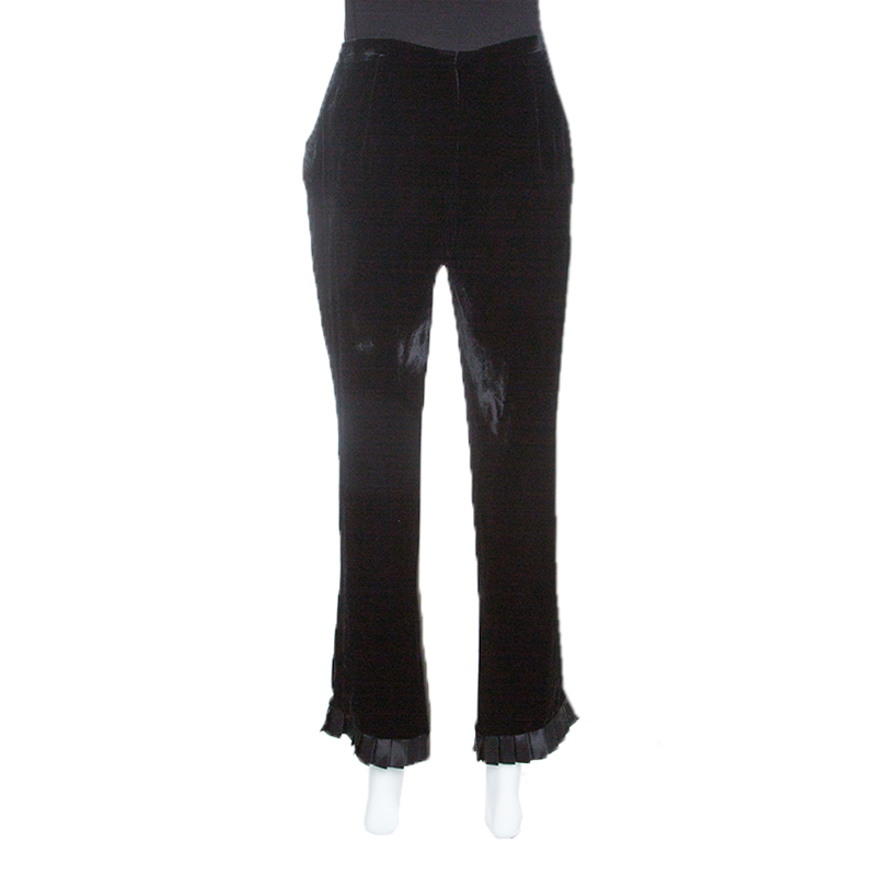 Pre-owned Emporio Armani Black Velvet Pleated Ruffle Bottom Pants S