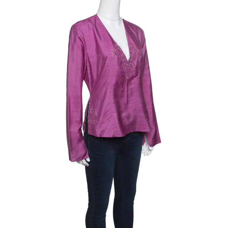 

Emporio Armani Pink Raw Silk Embellished Long Sleeve Top