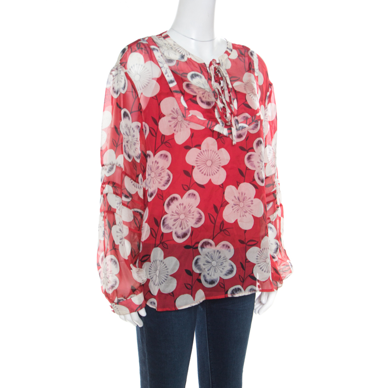 

Emporio Armani Red and White Floral Printed Silk Neck Tie Detail Blouse