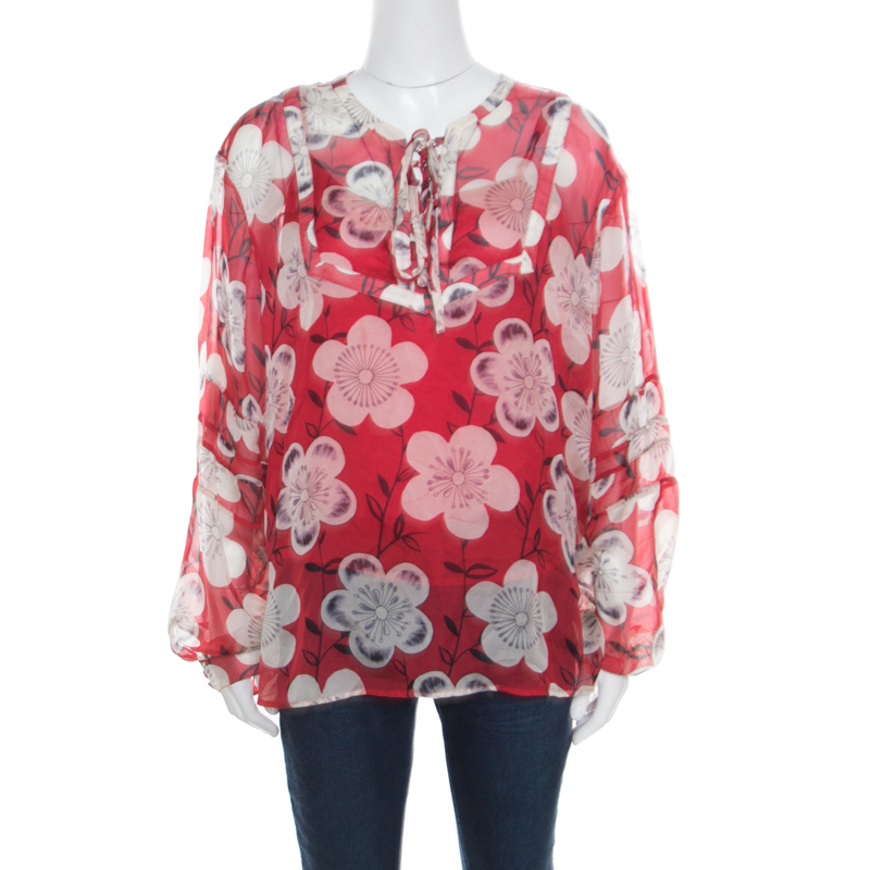 Pre Owned Emporio Armani Red and White Floral Printed Silk Neck Tie Detail Blouse XL