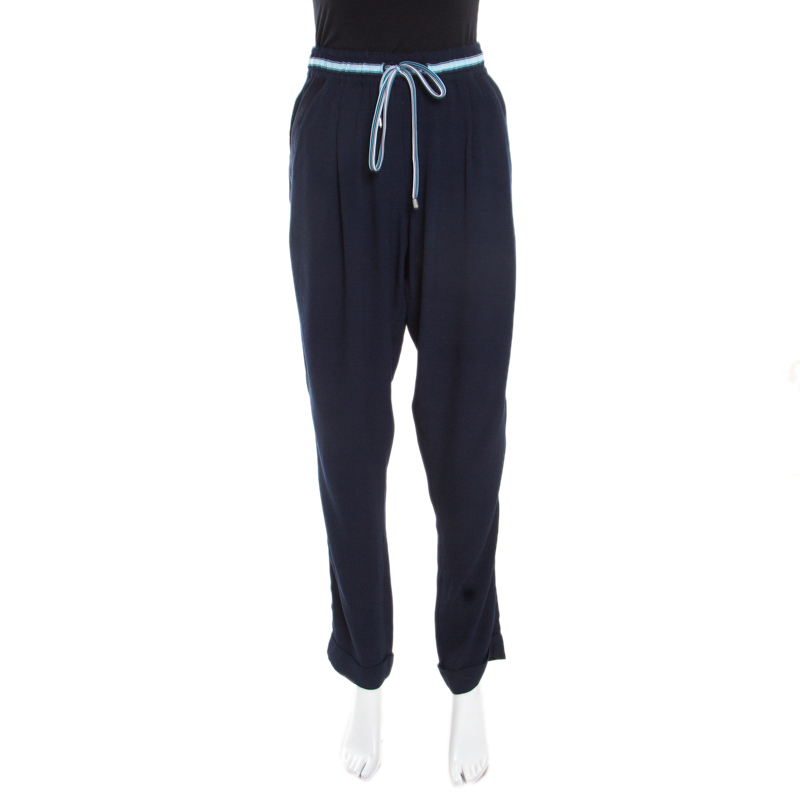Pre Owned Emporio Armani Navy Blue Crepe Drawstring Detail Pants M