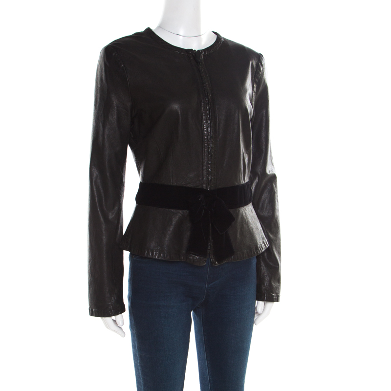 

Emporio Armani Black Leather Velvet Bow Detail Biker Jacket